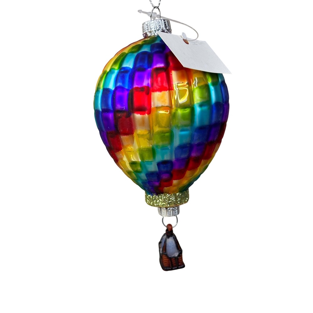 NWT Glass Hot Air Balloon Christmas Ornament Rainbow Checkered